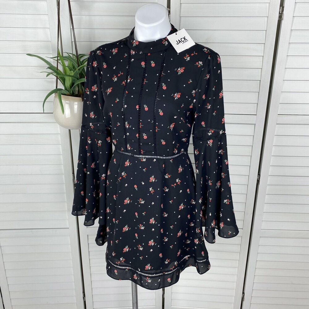 New Jack‎ BB Dakota Black Flower of Love Mini Dress Roses Bell Sleeve Size 4